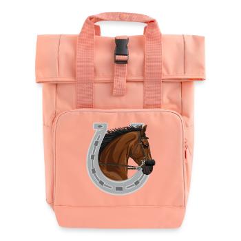Der Kopf eines braunen Pferdes und eines Hufeisens - Rolltop Rucksack mit zwei Griffen - Chintzrosa - Vorne