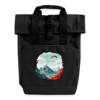 Paragliding Mountain Landscape Polygon Art - Roll Top Backpack with Two Handles - black - Front