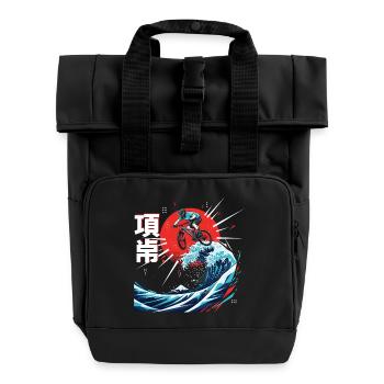 BMX-Fahrer über aufgehende Sonnenwelle - Rolltop Rucksack mit zwei Griffen - Schwarz - Vorne