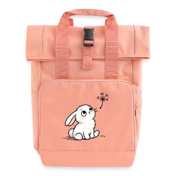 Weißer Hase mit verträumten Augen und Löwenzahn - Rolltop Rucksack mit zwei Griffen - Chintzrosa - Vorne