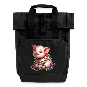 Süßes Weihnachtsschwein mit Lichterkette - Rolltop Rucksack mit zwei Griffen - Schwarz - Vorne