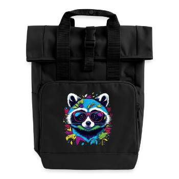 Bunter Waschbär mit Brille und Blättern - Rolltop Rucksack mit zwei Griffen - Schwarz - Vorne