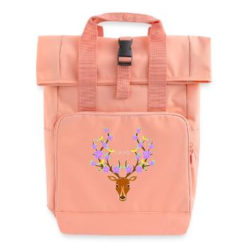 Blumenreicher Hirsch mit Vogelakzenten - Rolltop Rucksack mit zwei Griffen - Chintzrosa - Vorne