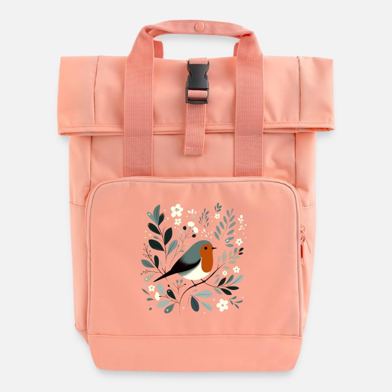Rotkehlchen mit Blumen - Rolltop Rucksack mit zwei Griffen - Chintzrosa