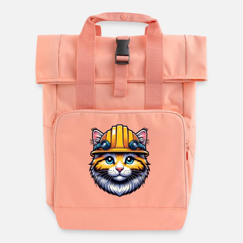 Construction site cat with helmet ideal as a gift. - Roll Top Backpack with Two Handles - chintz rose