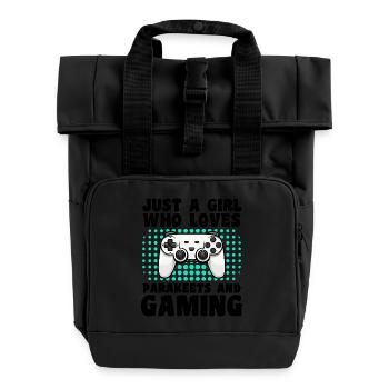 Gamer and Parakeets: Video Games and Colorful Adventure - Roll Top Backpack with Two Handles - black - Front