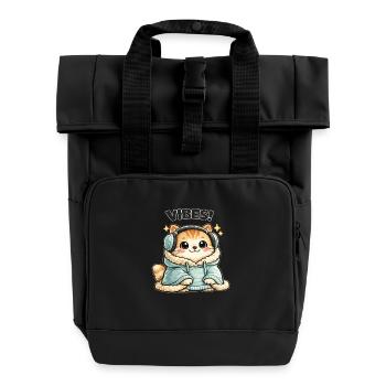 KatzenVibes Hoodie DJ Katze - Rolltop Rucksack mit zwei Griffen - Schwarz - Vorne