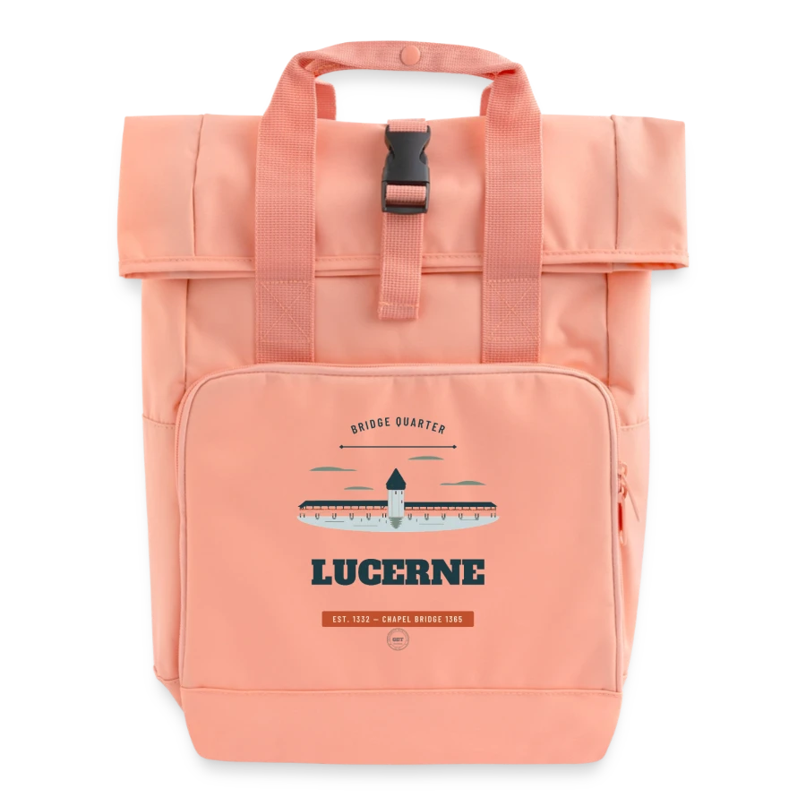 Lucerne badge on a roll top backpack with two handles, chintz rose
