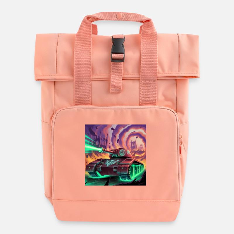 Futuristischer Kampfpanzer in einer vom Krieg zerrütteten Stadt - Rolltop Rucksack mit zwei Griffen - Chintzrosa