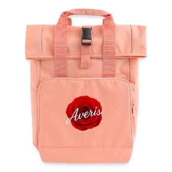 Red Rose with Avenir Text Design - Roll Top Backpack with Two Handles - chintz rose - Front
