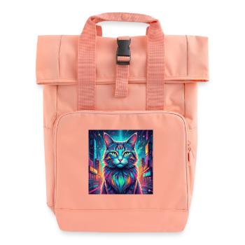 Neon cat - Roll Top Backpack with Two Handles - chintz rose - Front