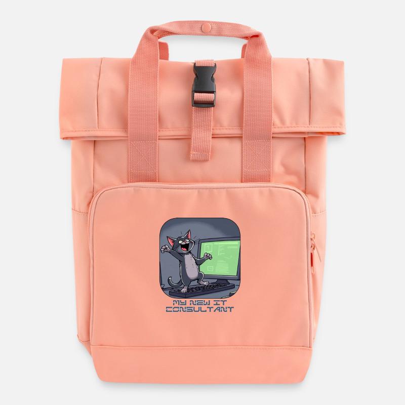 IT cat at the computer - Roll Top Backpack with Two Handles - chintz rose