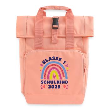 Regenbogen mit Stift und Herz - Schulkind 2025 - Rolltop Rucksack mit zwei Griffen - Chintzrosa - Vorne