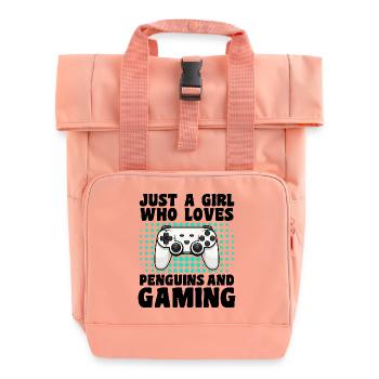 Gamer and Penguins: Video Games and Icy Adventure - Roll Top Backpack with Two Handles - chintz rose - Front