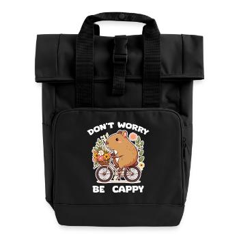 Capybara on flowery bike - Roll Top Backpack with Two Handles - black - Front