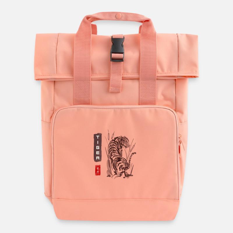 Tiger in classic Asian style - Roll Top Backpack with Two Handles - chintz rose