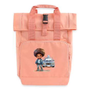 Child heroine with police car design - Roll Top Backpack with Two Handles - chintz rose - Front
