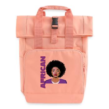 Woman with Afro and African lettering - Roll Top Backpack with Two Handles - chintz rose - Front