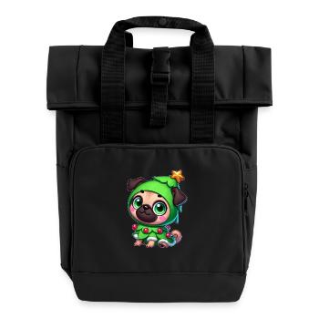 Whimsical Pug Christmas Christmas Tree Cartoon - Roll Top Backpack with Two Handles - black - Front