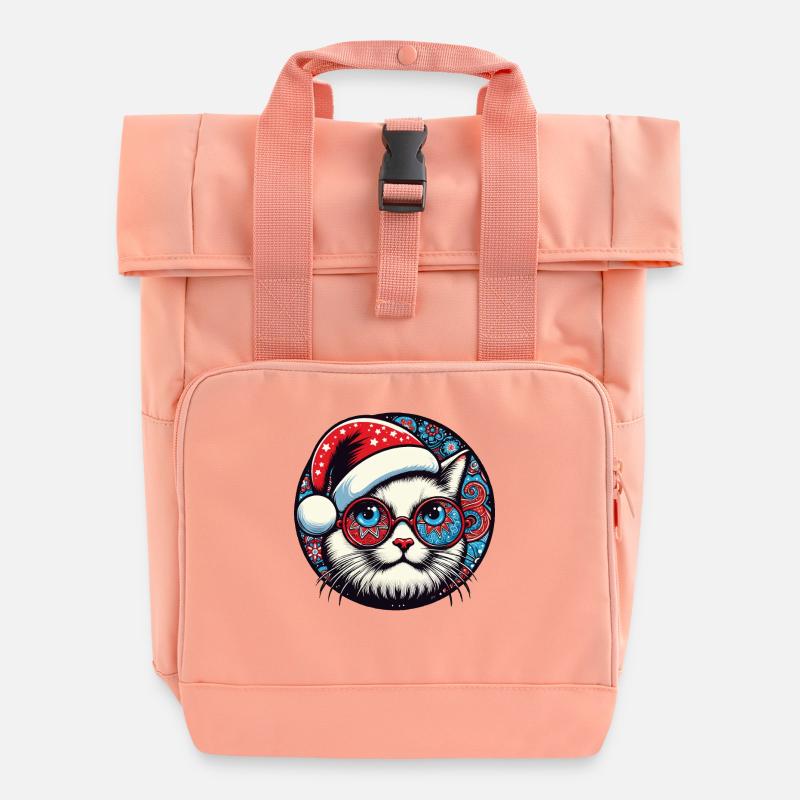 Cat, Christmas, Hat - Roll Top Backpack with Two Handles - chintz rose