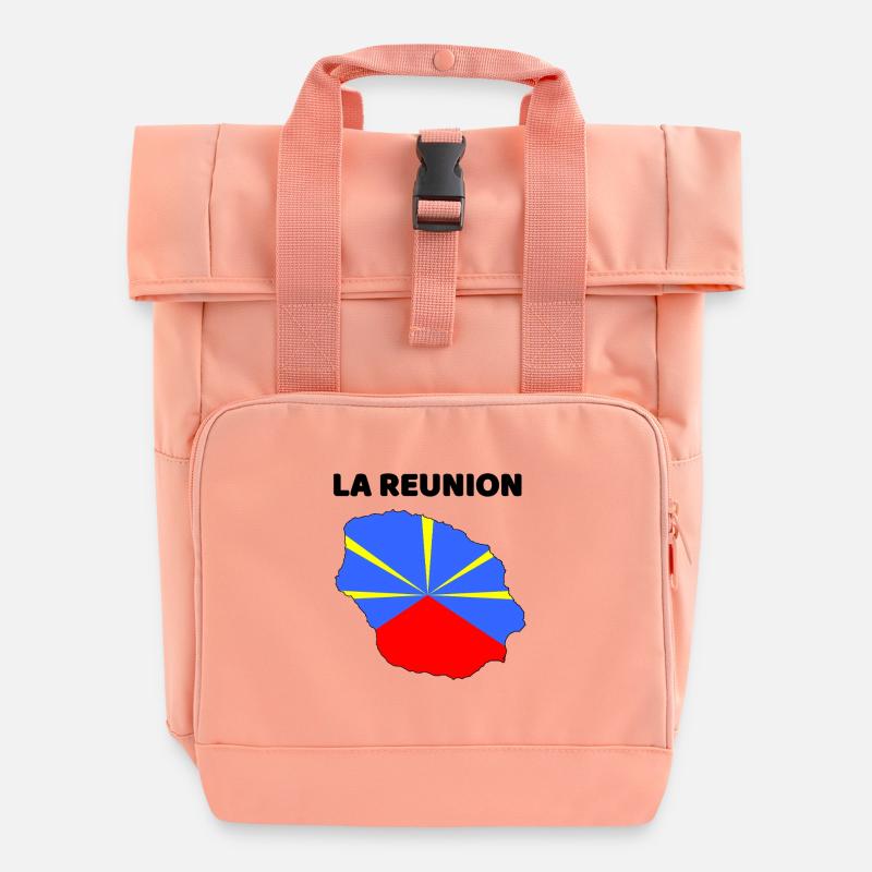 Reunion Island Map and Flag - Gift - Roll Top Backpack with Two Handles - chintz rose