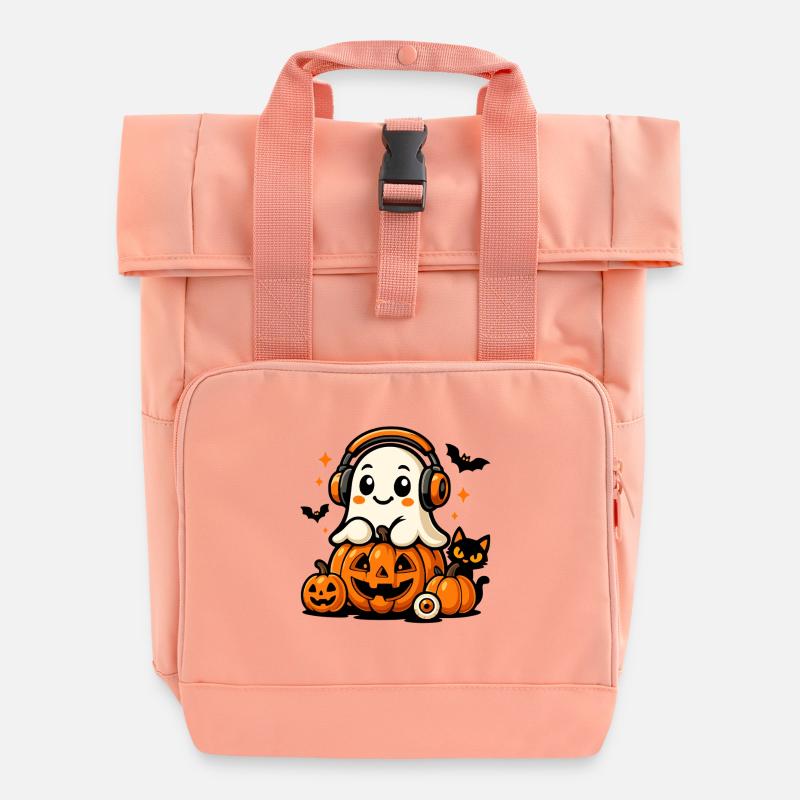 Cute Ghost and Pumpkins - Roll Top Backpack with Two Handles - chintz rose