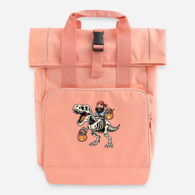 Pirat reitet Skelett T-Rex Halloween Dinosaurier - Rolltop Rucksack mit zwei Griffen - Chintzrosa