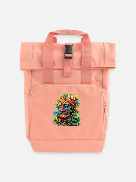 Tropischer Blumen-Tiki Maskenprint - Rolltop Rucksack mit zwei Griffen - Chintzrosa