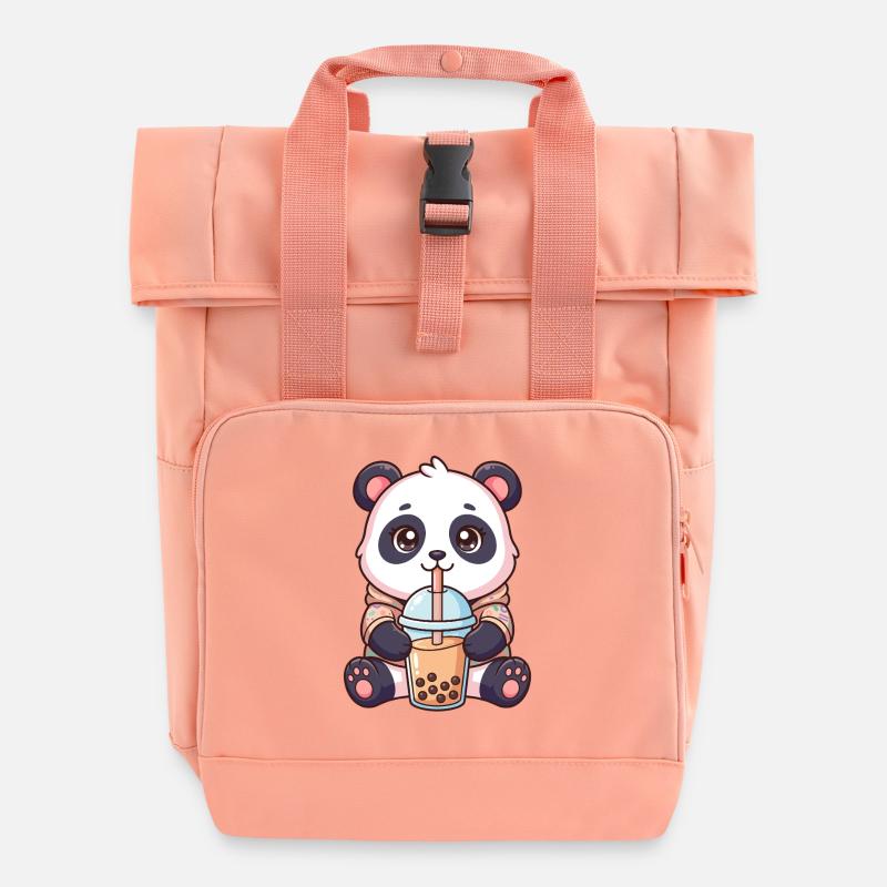 Kawaii Panda with Boba - Roll Top Backpack with Two Handles - chintz rose