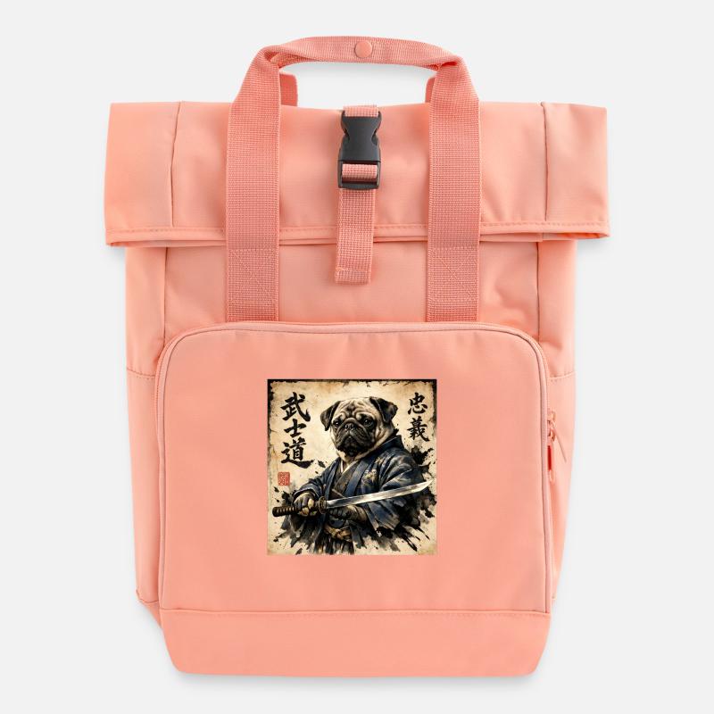 Samurai Pug Japanese Calligraphy Artwork - Roll Top Backpack with Two Handles - chintz rose