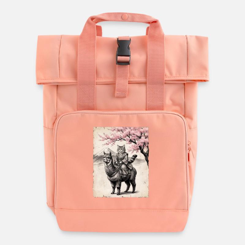 Cat rides llama - Roll Top Backpack with Two Handles - chintz rose