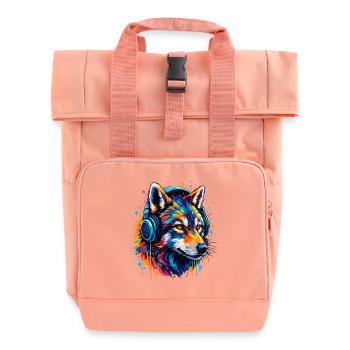 Fox with Neon Headphones Art - Roll Top Backpack with Two Handles - chintz rose - Front