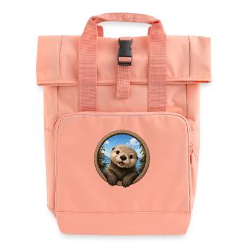 Otter in round window by the sea - Roll Top Backpack with Two Handles - chintz rose - Front