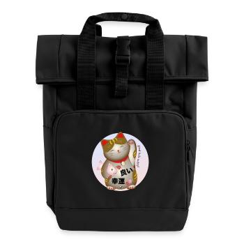 Winkende japanische Katze Abbildung mit Inschrift - Rolltop Rucksack mit zwei Griffen - Schwarz - Vorne