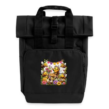 bee honey beekeeper honeycomb flowers meadow insect - Roll Top Backpack with Two Handles - black - Front