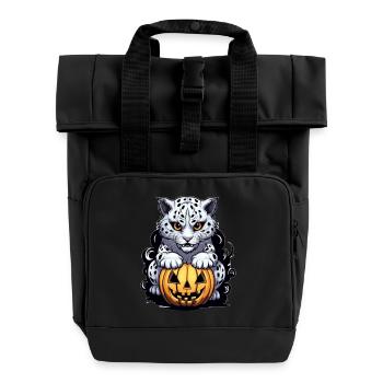 Snow leopard with Halloween pumpkin - Roll Top Backpack with Two Handles - black - Front