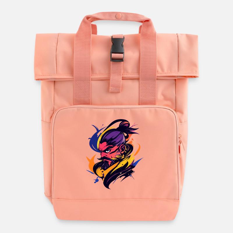 Samurai Warrior in Color Storm Kung Fu Manga Motif - Roll Top Backpack with Two Handles - chintz rose