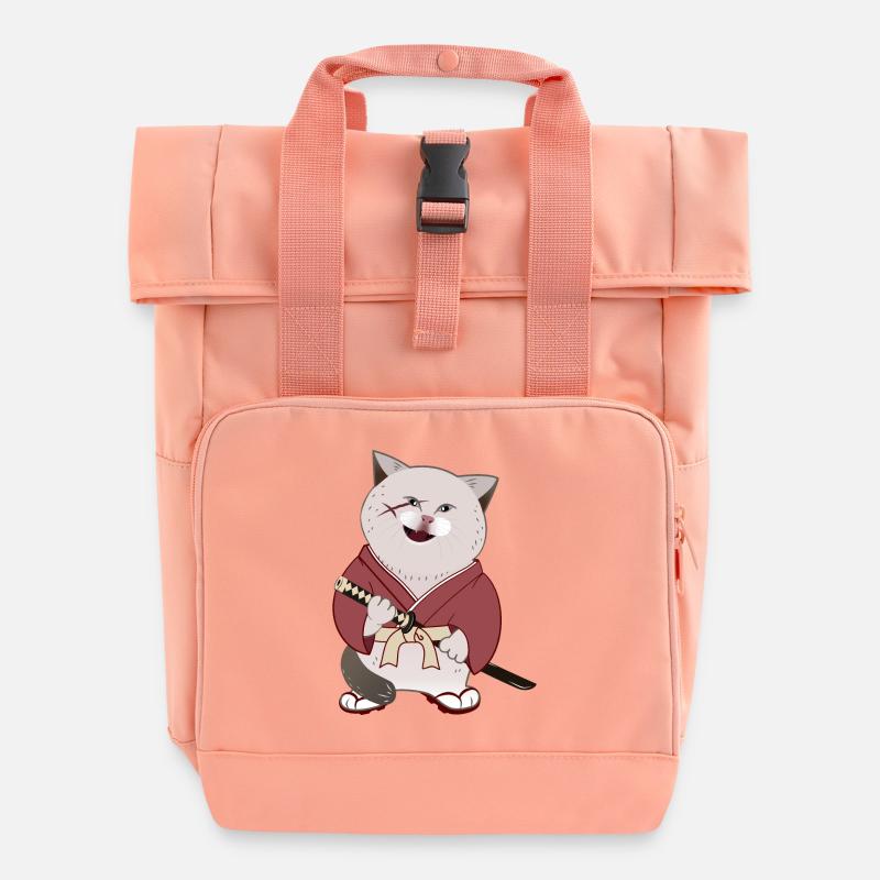 Süße mollige Samurai-Katze mit Katana - Rolltop Rucksack mit zwei Griffen - Chintzrosa