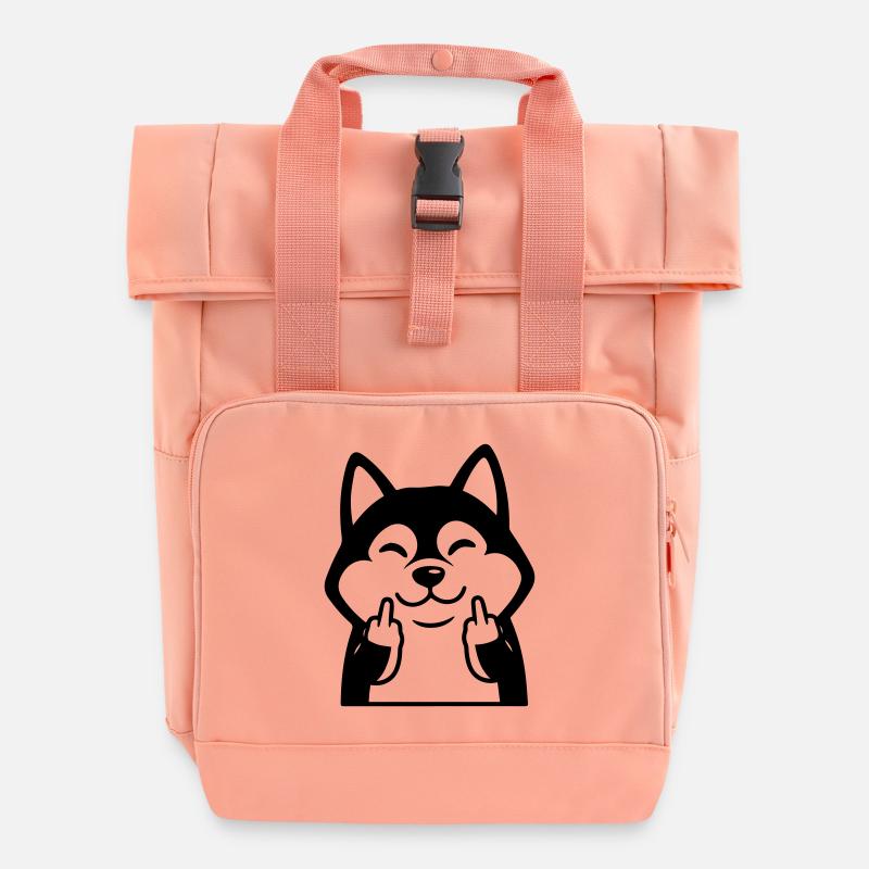 Naughty Husky Shows Middle Finger – Funny Comic - Roll Top Backpack with Two Handles - chintz rose