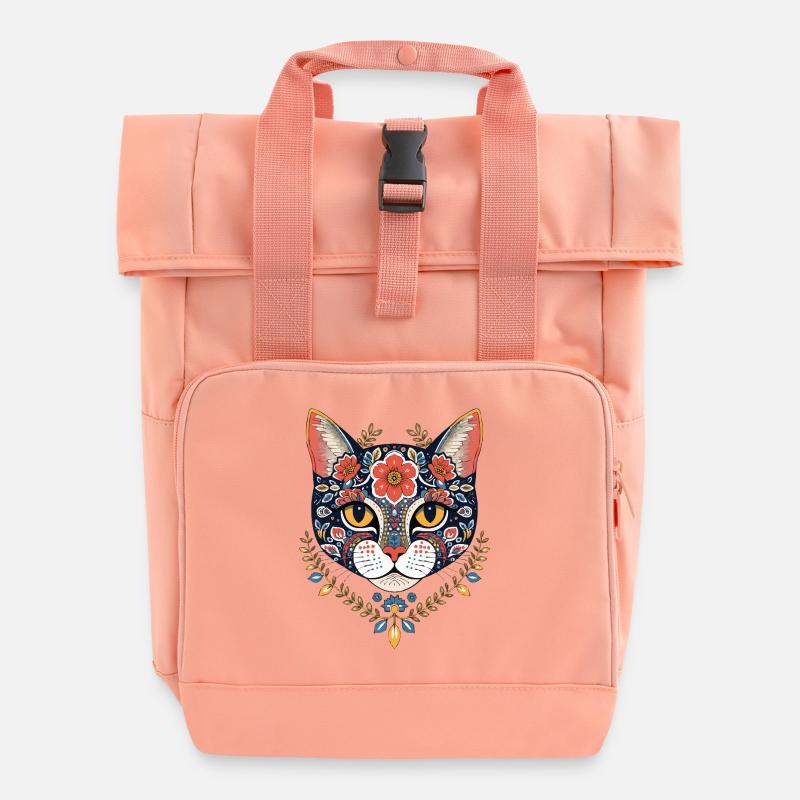 floral cat head art design - Roll Top Backpack with Two Handles - chintz rose