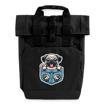 Cute Pug in Pocket Cartoon Design - Roll Top Backpack with Two Handles - black - Front