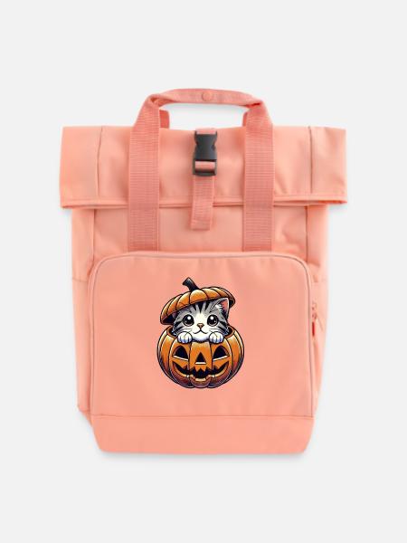Katze, Halloween, Kürbis - Rolltop Rucksack mit zwei Griffen - Chintzrosa