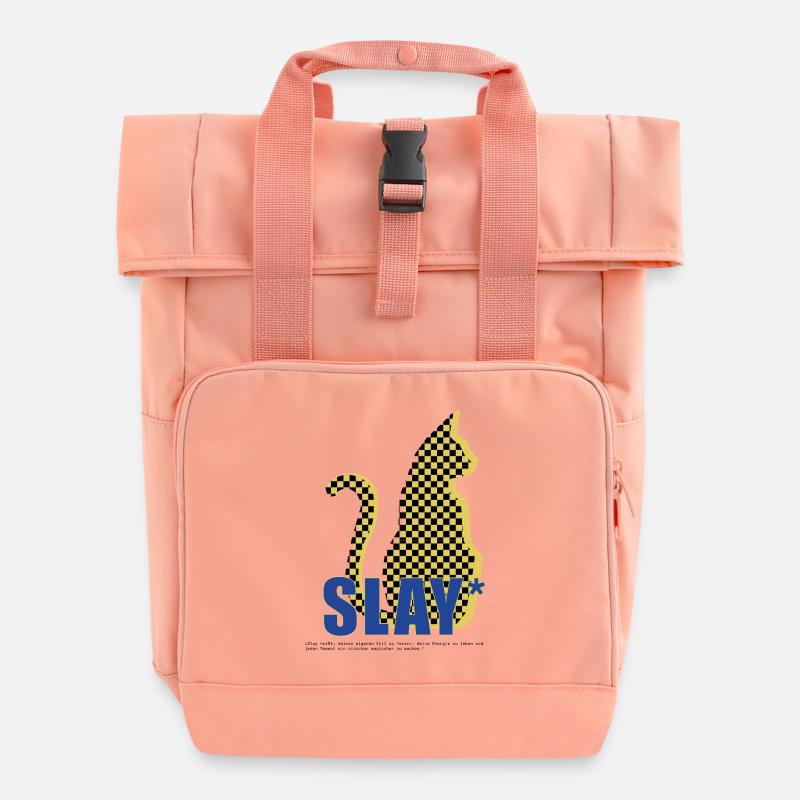 Slay Cat Checker Silhouette - Roll Top Backpack with Two Handles - chintz rose