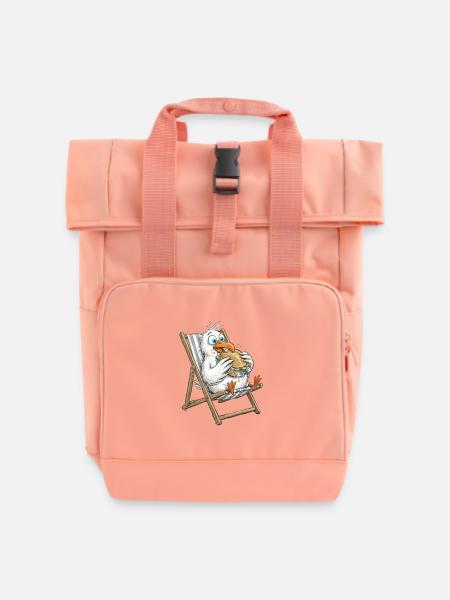 Gourmet- Möwe im Strandstuhl mit Fischbrötchen - Rolltop Rucksack mit zwei Griffen - Chintzrosa