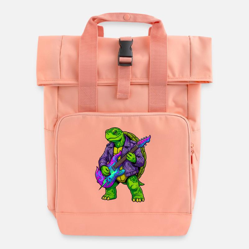 Turtle with jacket and neon electric guitar - Roll Top Backpack with Two Handles - chintz rose