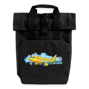Yellow Jet Traveler Illustration - Roll Top Backpack with Two Handles - black - Front