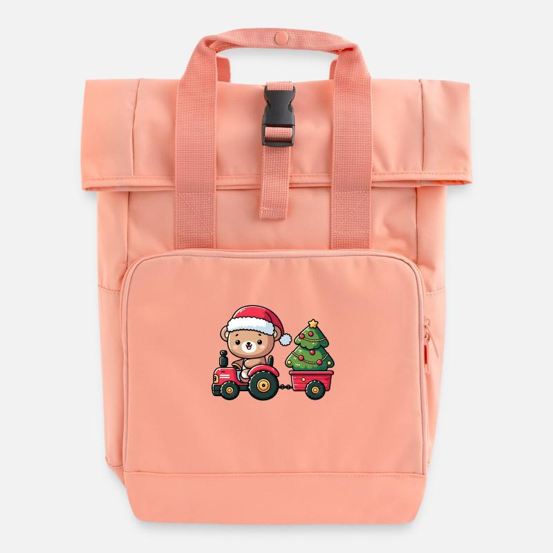 Teddy als Weihnachtsmann mit Traktor und Hänger - Rolltop Rucksack mit zwei Griffen - Chintzrosa