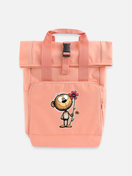 Cheerful bear with flower - Roll Top Backpack with Two Handles - chintz rose