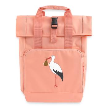 Stork Carrying Baby - Roll Top Backpack with Two Handles - chintz rose - Front