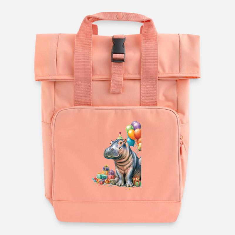 Hippo Birthday Party with Balloons - Roll Top Backpack with Two Handles - chintz rose
